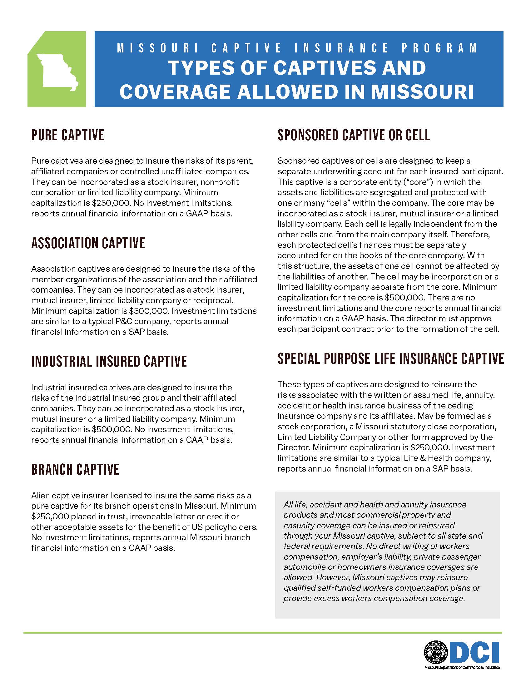 Types of captives and coverages allowed in Missouri