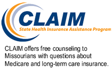 CLAIM Logo with the words CLAIM offers free counseling  to Missourians with questions about Medicare and long-term care insurance