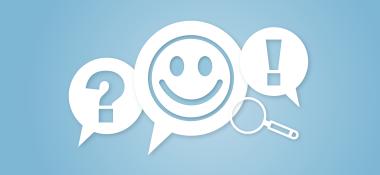 This conceptual design illustrates a digital faq support system featuring speech bubbles with a smiley face, a question mark, and an exclamation point, symbolizing customer service