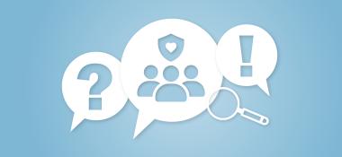 A illustration featuring white speech bubbles with a question mark, a life insurance icon, and an exclamation mark against a soft blue background